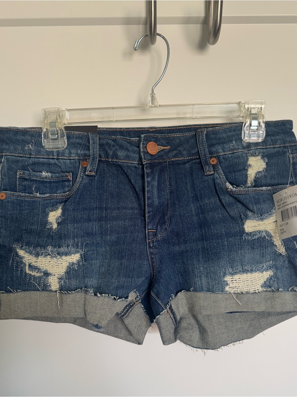 Women’s Distressed Dark Blue Denim Shorts - Casual Rolled Hem